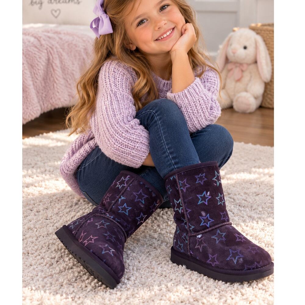 UGG Girls Purple Star Suede Classic Boots Shearling Lined Size 2